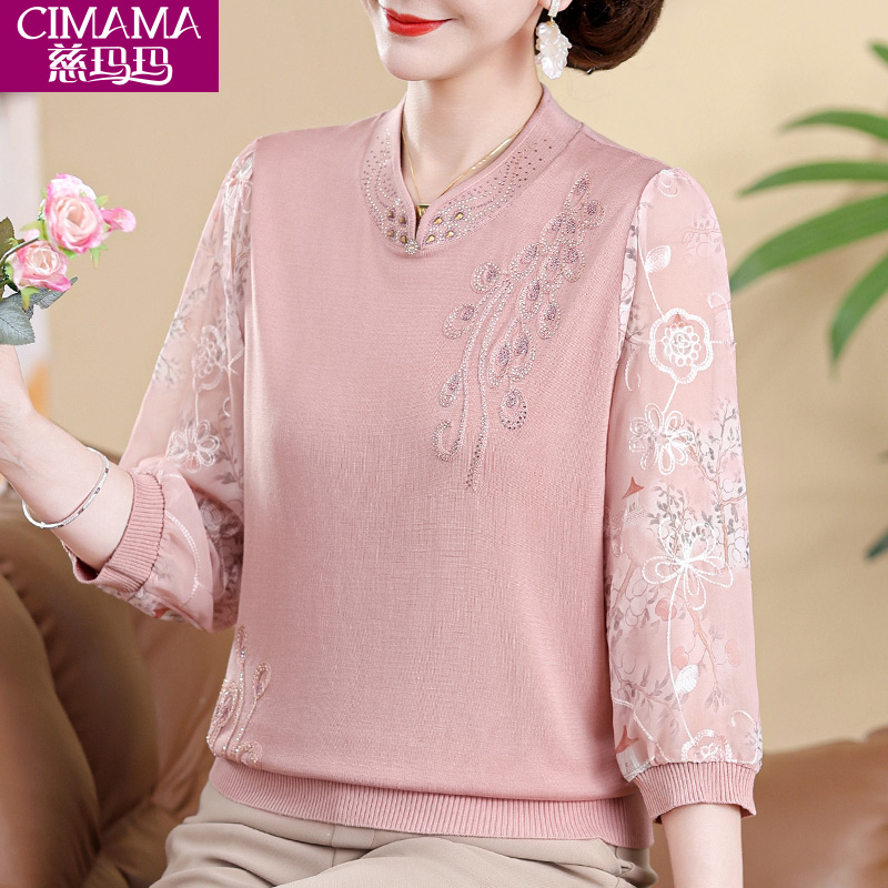 妈妈春夏装七分袖薄款T恤中年妇女旗袍小衫中老年人春秋上衣套装