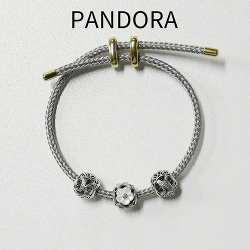 PANDORA潘多拉银色编织绳手链女金属花朵吊坠情人节礼物