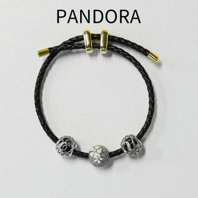 PANDORA潘多拉黑色皮绳手链银色珠子轻奢气质复古风手环