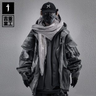 吉业重工原创国潮废土风扎染迷彩冲锋衣外套男女休闲夹克加厚棉服