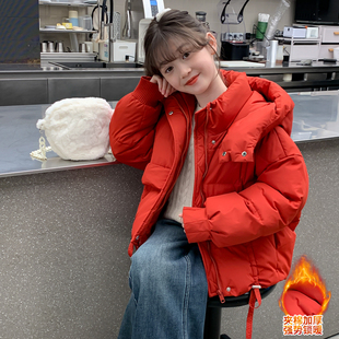女童红色连帽棉服冬季2025新款儿童洋气本命年棉袄初中生新年战袍