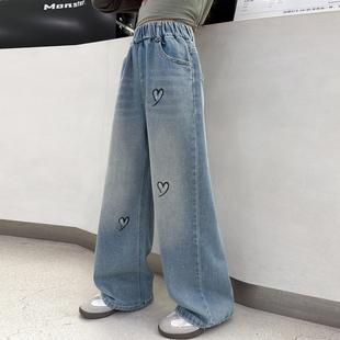 女童春秋裤子2026印花爱心烫钻直筒裤儿童中大童爆闪亮钻牛仔裤潮