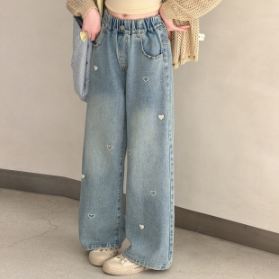 女童裤子春秋2026新款爱心亮闪闪烫钻直筒裤儿童中大童时髦牛仔裤