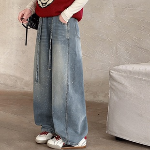 女童烫钻牛仔阔腿裤春秋2026新款中大儿童直筒女孩冬加绒弯刀裤子