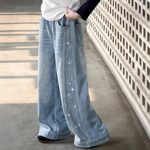 女童裤子春秋2026爆闪烫钻弯刀裤女孩中大童时尚亮闪闪休闲牛仔裤