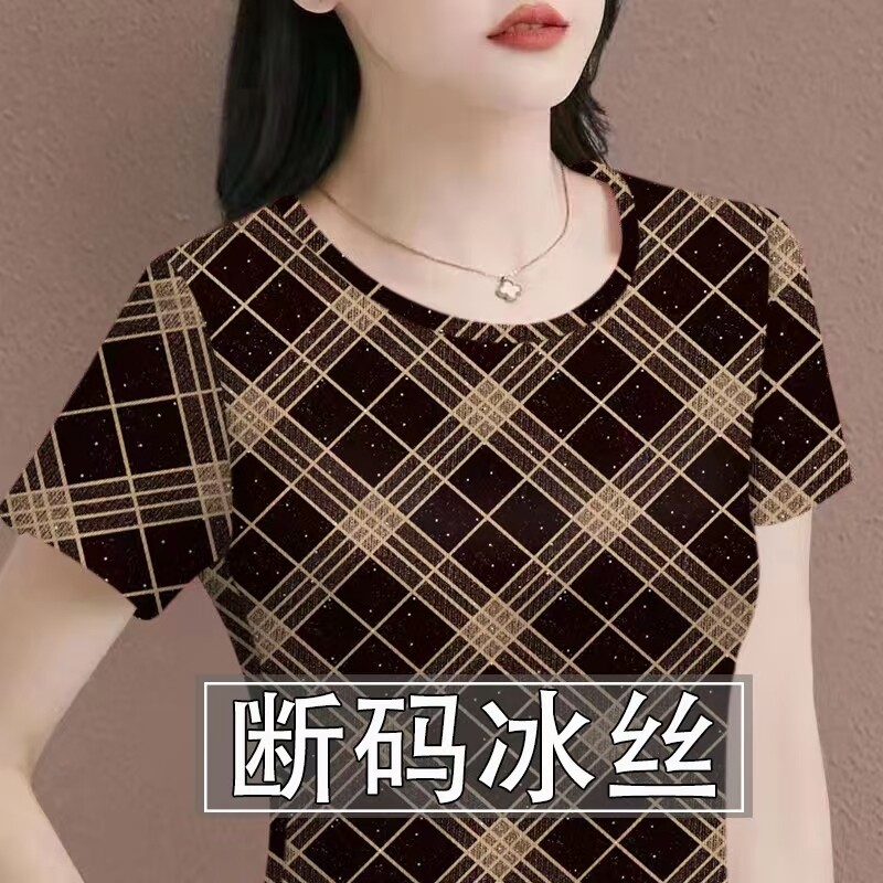 夏季冰丝妈妈衫女宽松大码套头休闲t恤衫中年时尚格子短袖上衣薄图片