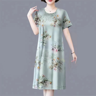 短袖连衣裙端庄大气中老年女妈妈夏装新中式国风宽松裙子大码衣服