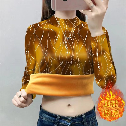 加绒加厚打底衫女一体绒妈妈装2025冬季新款半高领时尚印花保暖衣