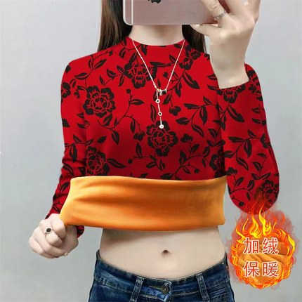 妈妈保暖女打底衫加绒碎花上衣红色2024秋冬新款遮肚中老年女装