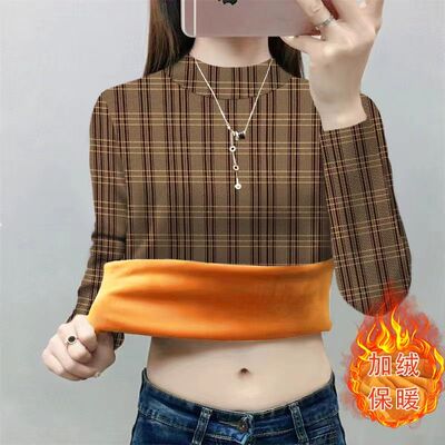 加绒加厚保暖半高领打底衫女冬2025新款格子印花遮肚显瘦大码上衣
