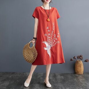 夏季新款大码短袖连衣裙棉麻显瘦印花女装宽松长裙文艺中长款裙子