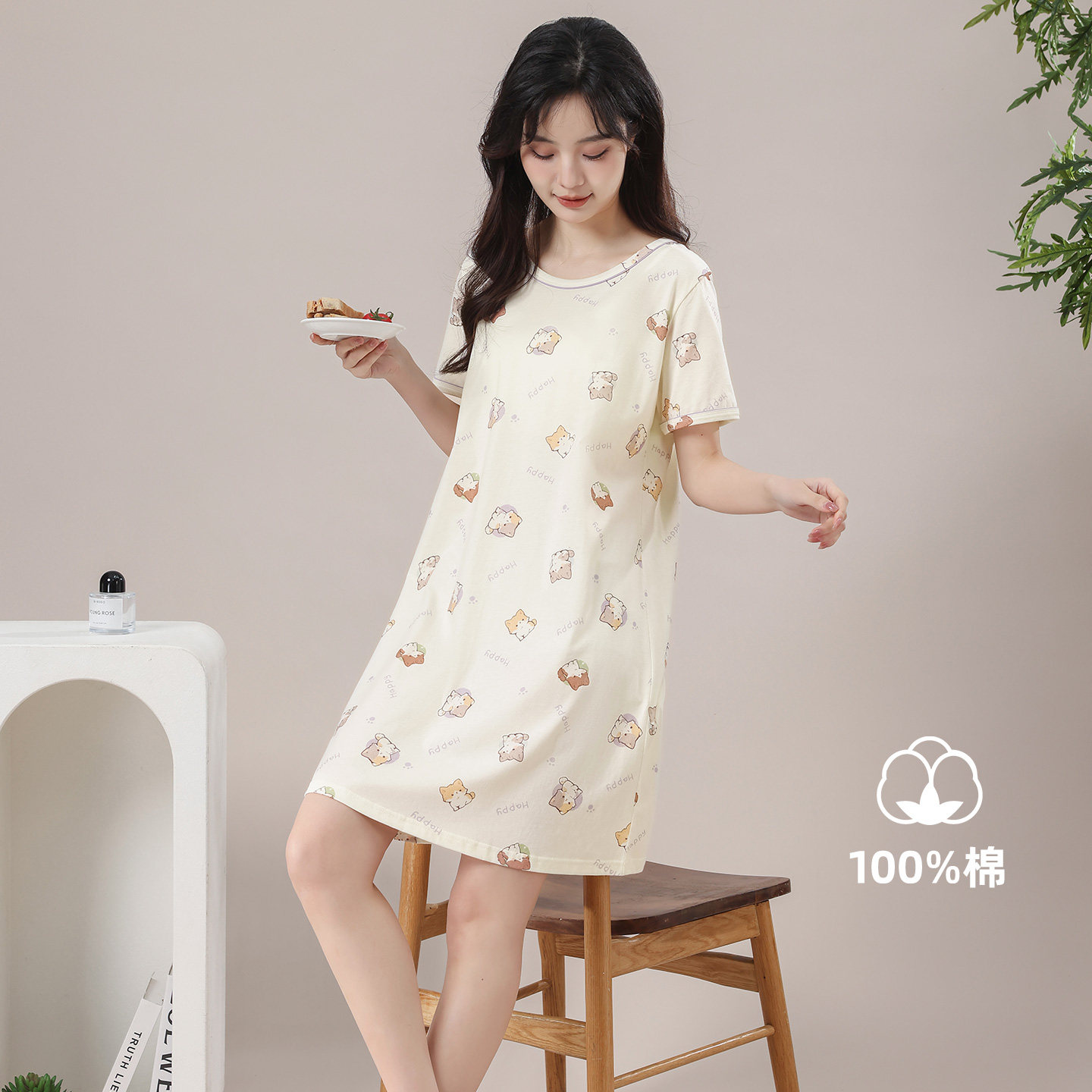 耶蒂针织纯棉夏季女可爱睡裙薄款图片