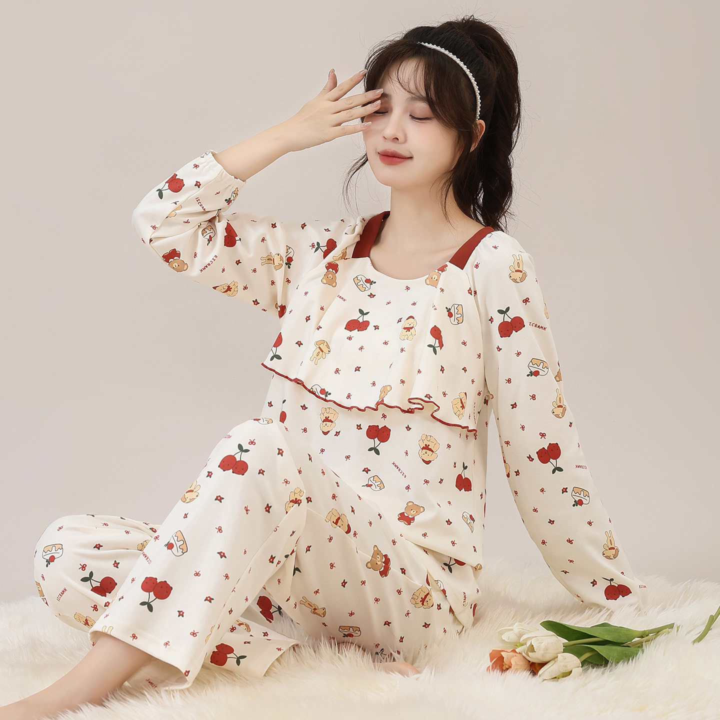 睡衣女纯棉秋冬长袖甜美可爱前胸双层防凸点可外穿春秋家居服套装,女士内衣/男士内衣/家居服,睡衣/家居服套装,淘宝优惠券,粉丝福利购,淘宝优惠卷