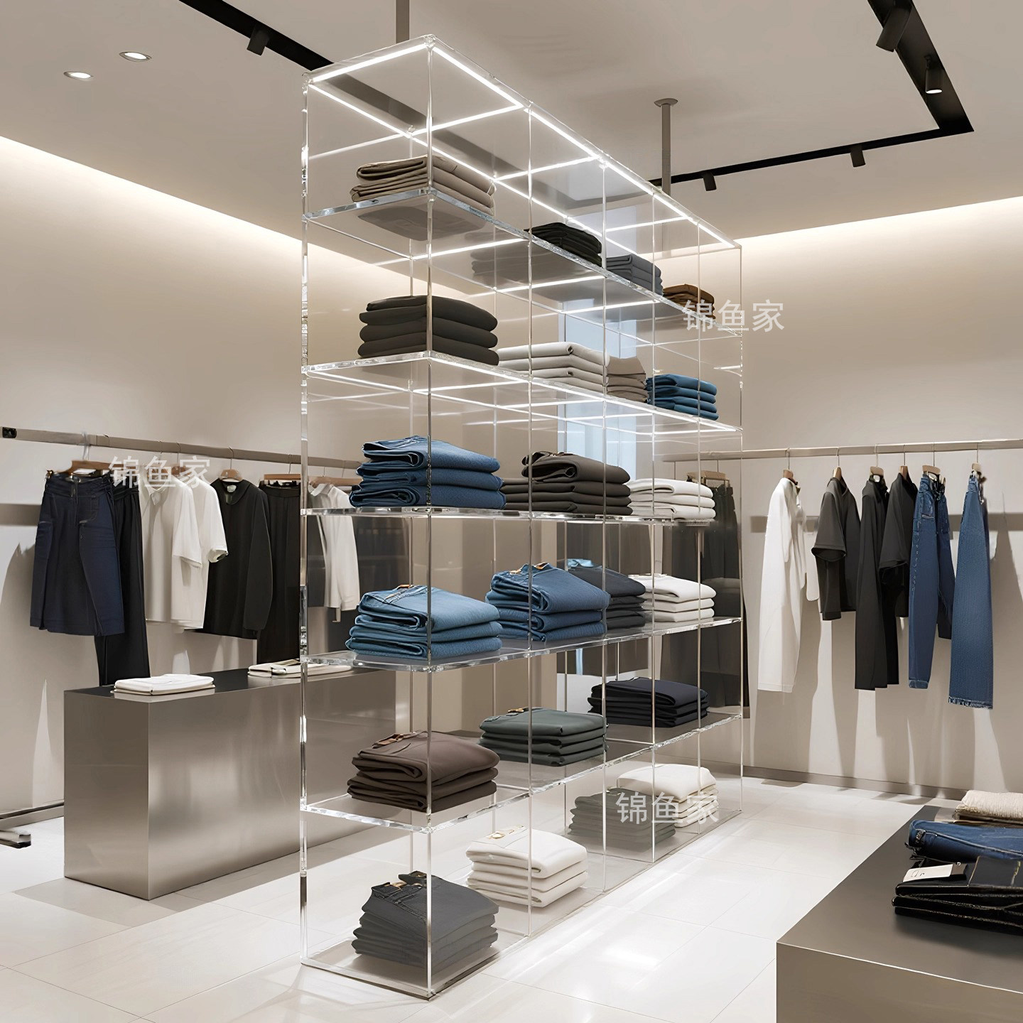 透明亚克力展示柜带灯定制服装鞋包店置物架上墙落地商用陈列货架
