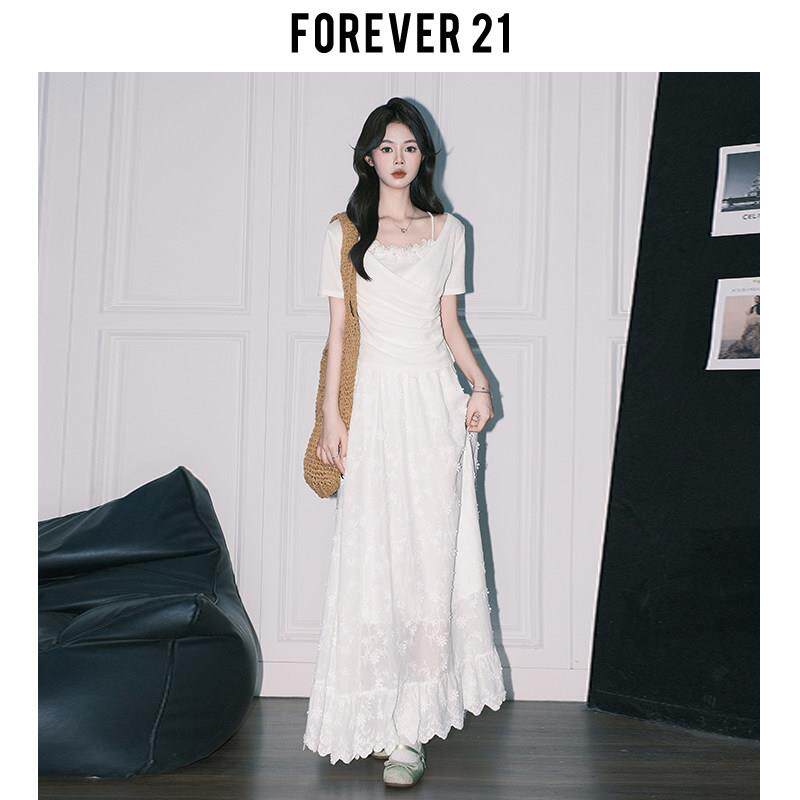 Forever21夏日绝美蕾丝提花A字半身裙女法式白色垂感大摆蛋糕长裙