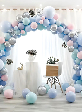 2026新款气球拱门蓝白色主题马卡龙男生日场景幼儿园商场开业布置