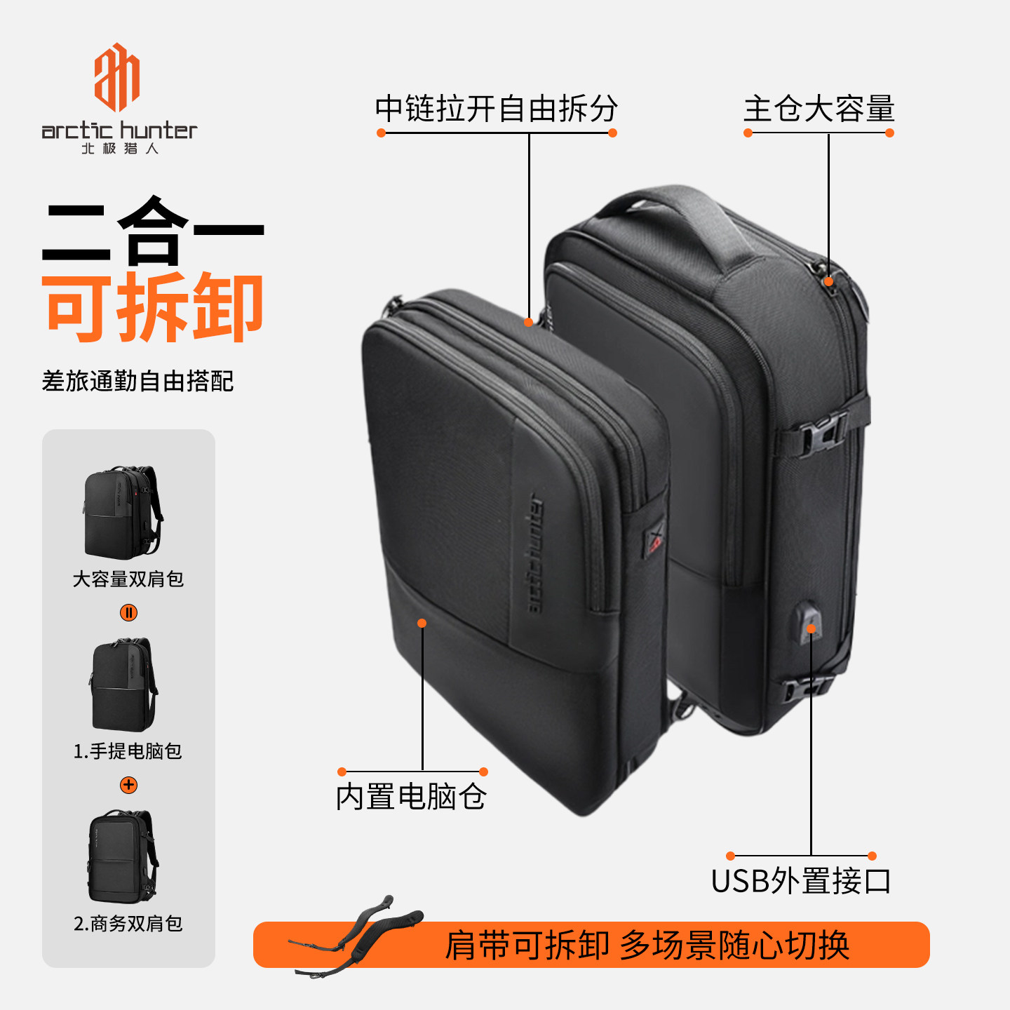 北极猎人可拆卸双肩包男大容量出差旅行背包多功能商务通勤电脑包