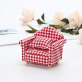 田园红白格子客厅沙发爆款 娃娃屋dollhouse迷你1 12家具模型摆件