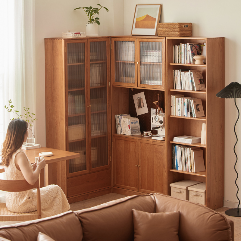 良工实木书柜组合家用樱桃木落地书橱置物柜日式玻璃门书架满墙