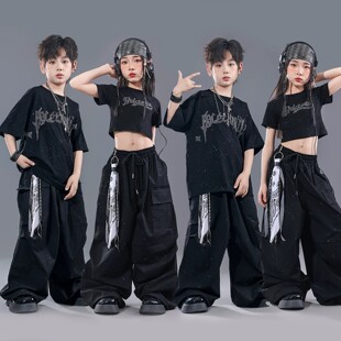 新款儿童街舞潮服男童宽松嘻哈演出服走秀短袖女童爵士舞表演服装