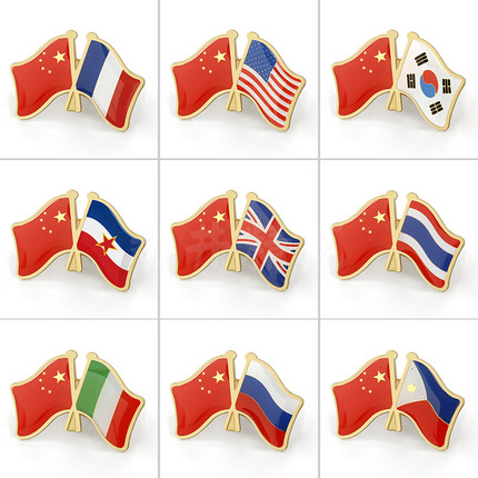 中美俄法英对旗胸针 国旗徽章定制 国际友好关系金属交叉旗帜订做