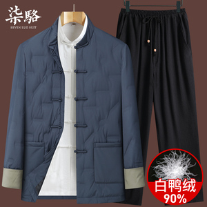唐装男中老年爸爸棉袄羽绒服外套中老年复古盘扣爷爷羽绒服男套装