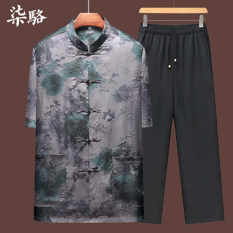 桑蚕丝唐装男中老年夏季薄款半袖爸爸装中国风衣服爷爷短袖套装男