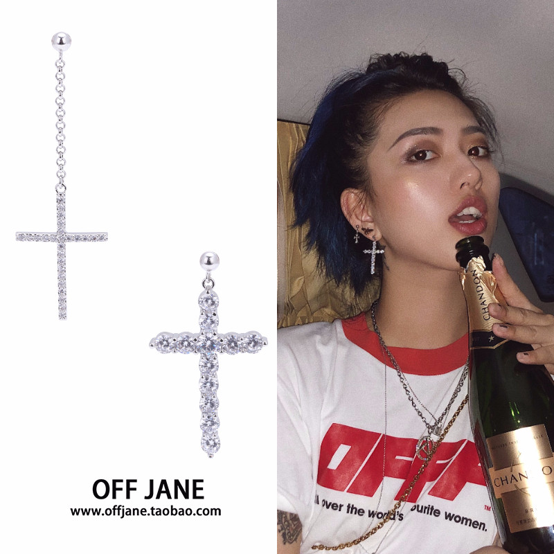 zy喜哥ins风网红同款s925纯银针不对称流苏双镶钻十字架耳钉超仙