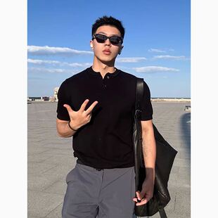 纯黑色亨利衫短袖男款夏季美式重磅显肌肉t恤健身韩系穿搭打底衫
