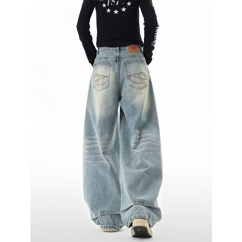 美式复古口袋刺绣弯刀牛仔裤女高腰宽松阔腿拖地长裤,女装/女士精品,牛仔裤,淘宝优惠券,粉丝福利购,淘宝优惠卷