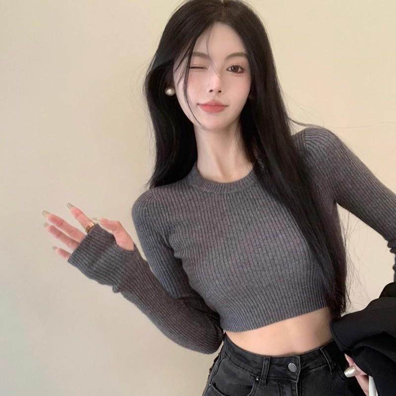 黑色长袖短款毛衣针织衫女2026秋冬新款修身打底内搭辣妹学生上衣