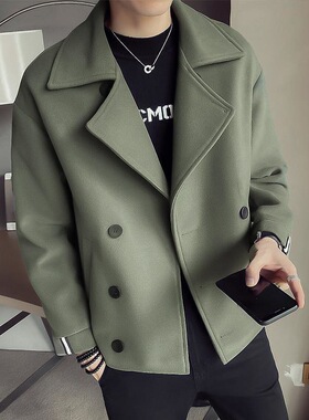 毛呢子外套文艺男新款春秋季设计感风衣短款夹克上衣潮流大衣代发