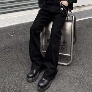 黑色柳叶弯刀牛仔裤男款修身潮流直筒裤子美式高街vibe风微喇裤子