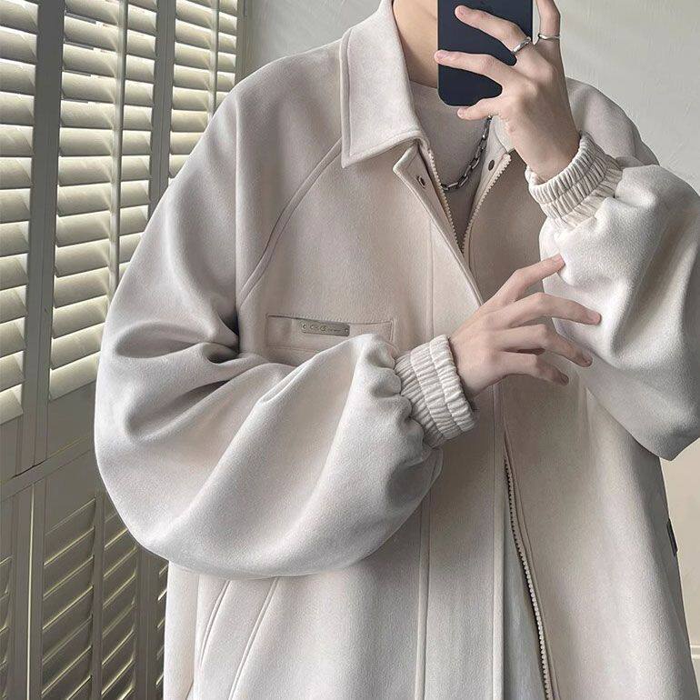 麂皮绒外套男生秋冬季高级感痞帅炸街潮牌青少年宽松休闲翻领夹克