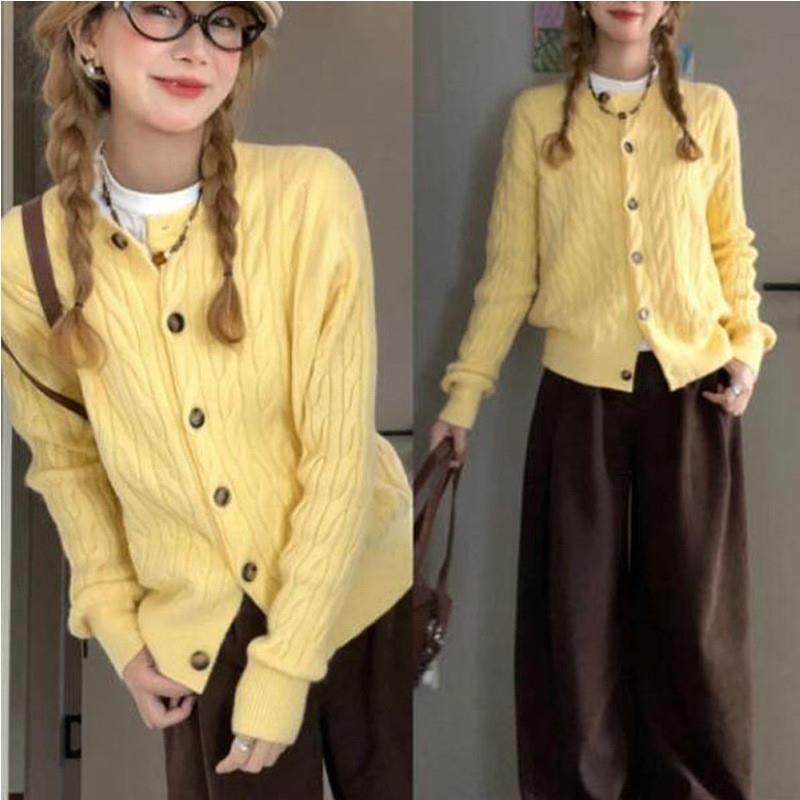早春秋高级感黄色针织毛衣外套女2025新款慵懒风外搭开衫短款上衣