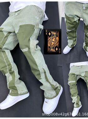 2023外贸牛仔裤复古废土做旧vibe喇叭cleanfit伐木工装牛仔裤男