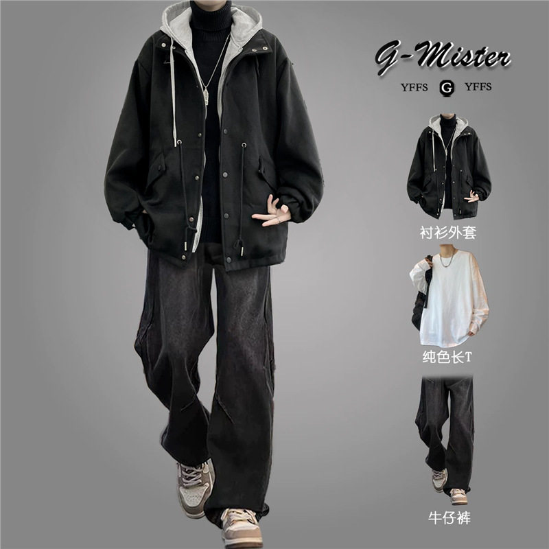 假两件连帽外套男士套装秋冬季韩版宽松毛呢大衣男装高级感穿搭潮