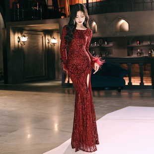 晚礼服女2025新款时尚现代风宴会名媛高级感红色长袖修身鱼尾长裙