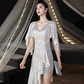 法式 小晚礼服裙女高端轻奢小众V领银色亮片高级感名媛连衣裙 洋装