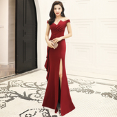 晚礼服裙女2026新款 气质一字肩鱼尾敬酒服高级感红色主持人连衣裙