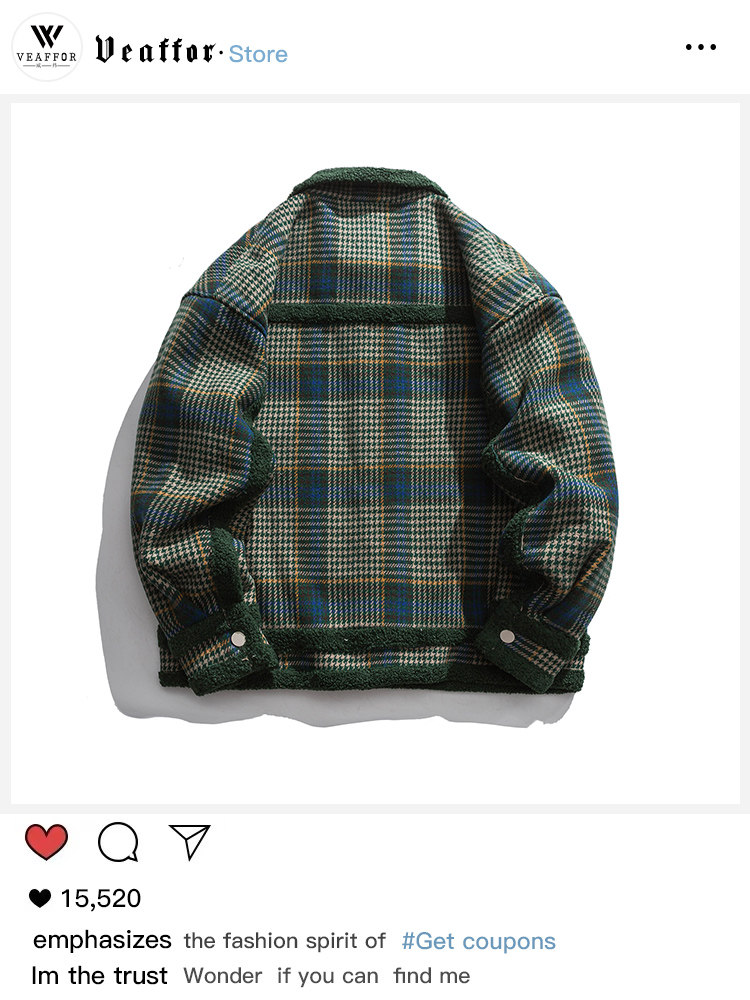 VEAFFOR 미국 트렌디 브랜드 겨울 격자 무늬 두꺼운 양고기 울 코튼 코트 자켓 남성과 여성 커플 루즈 캐주얼 코튼 의류