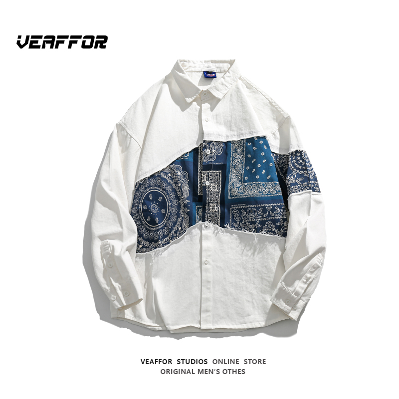 VEAFFOR美式潮牌撞色长袖衬衫ins