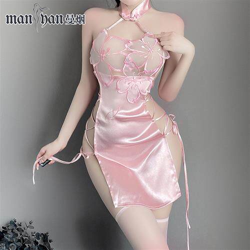 性感旗袍古风桃花刺绣古典绑带高腰开叉诱惑制服情趣睡衣qqny套装