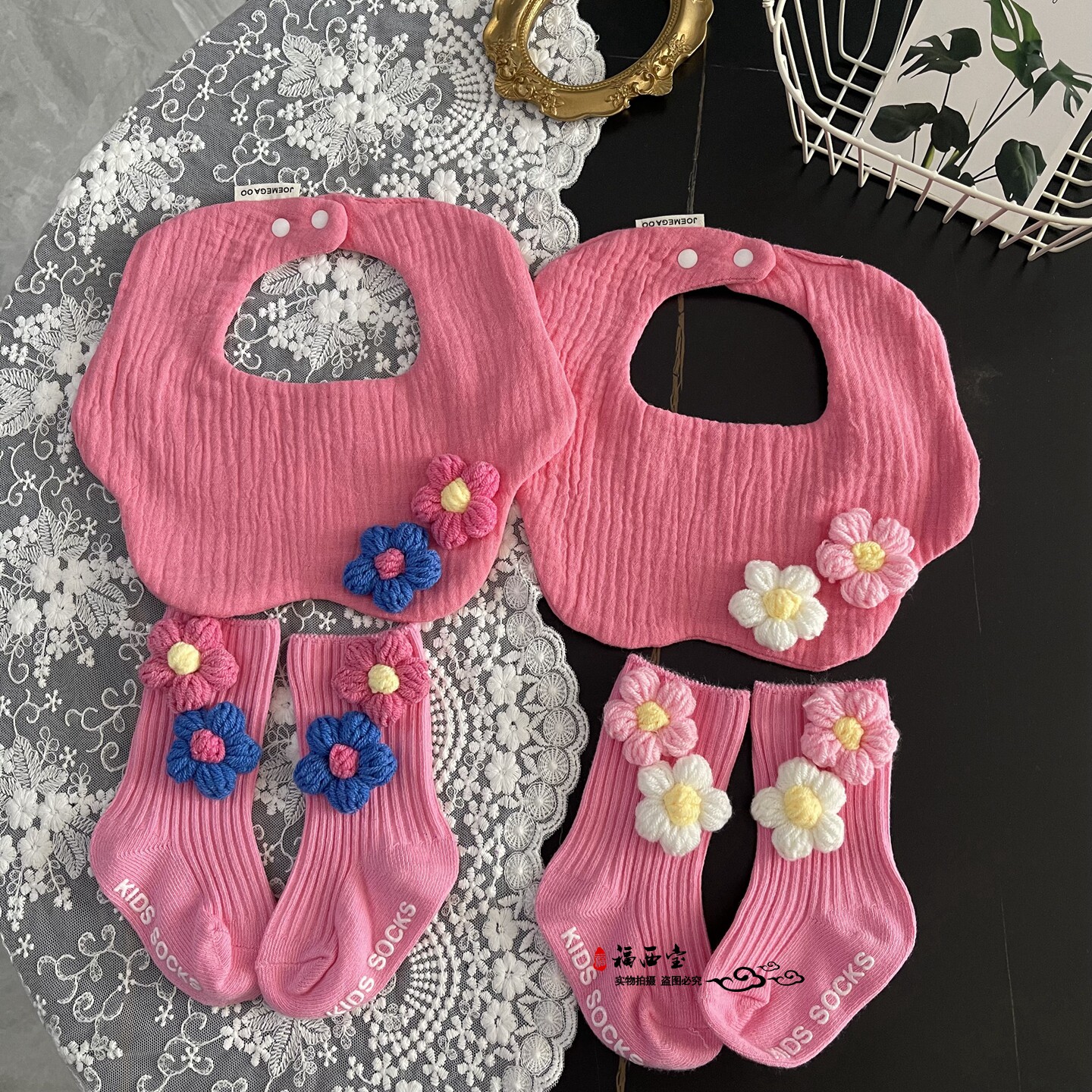 韩风ins粉色系新生春夏纯棉纱布围嘴婴儿围兜柔软吸水口水巾袜子