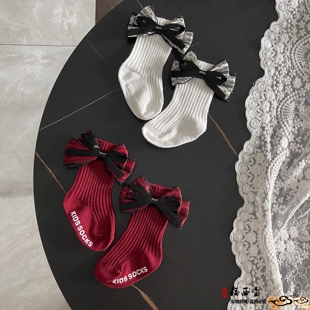 儿童袜子新年袜子春秋纯棉婴儿防滑袜生日红袜洋气蝴蝶结中筒袜