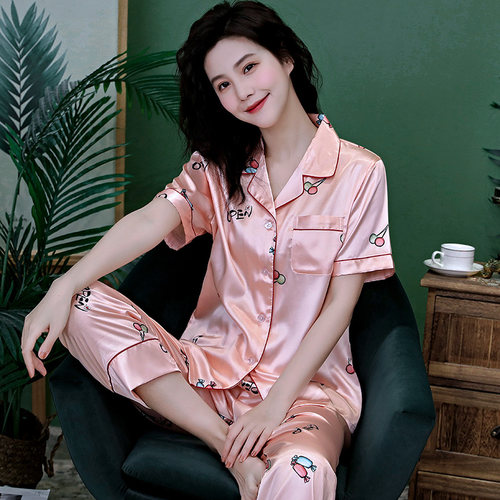 睡衣女夏季冰丝套装开衫家居服
