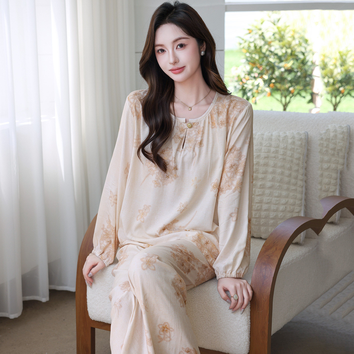 棉绸睡衣女套头薄款春秋家居服夏天田园少女风阔腿裤长袖宽松凉爽