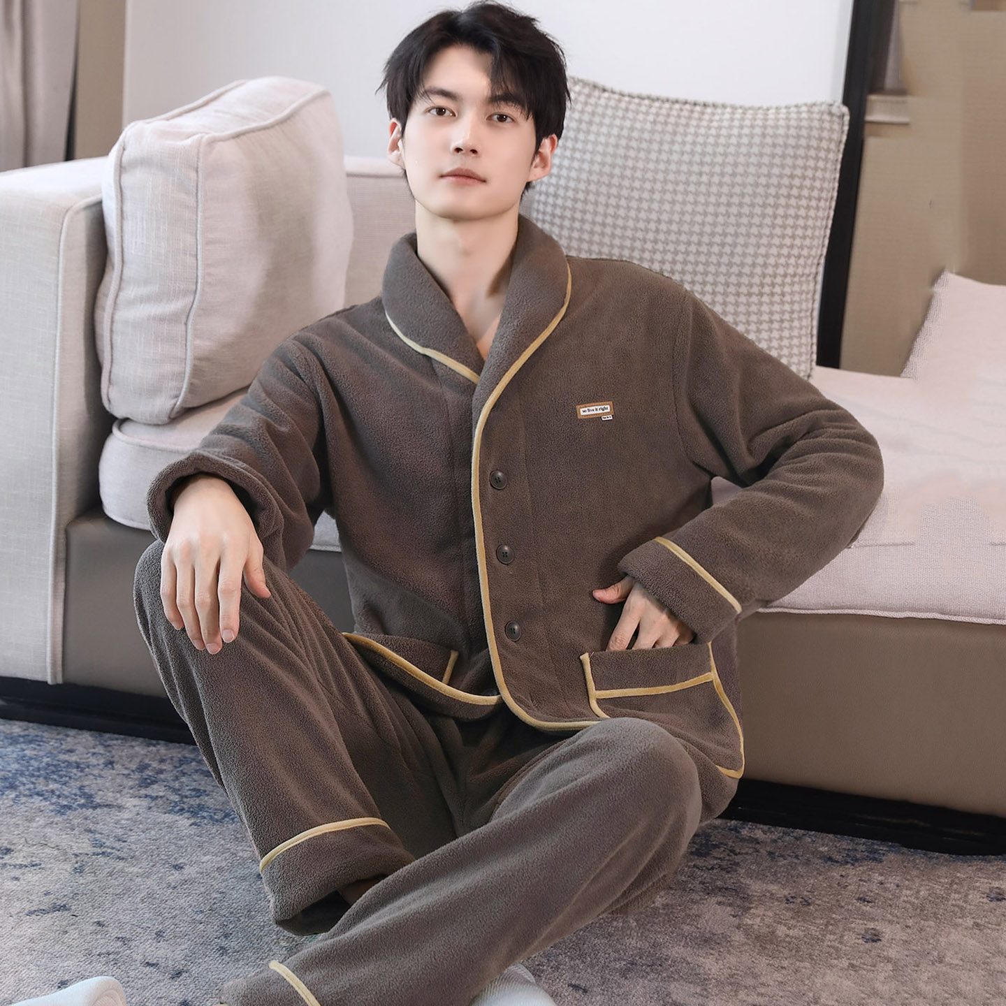 加厚加绒睡衣男士秋冬开衫颗粒绒