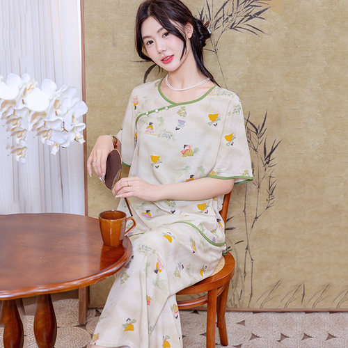 好得西女棉绸国风睡衣短袖阔腿裤