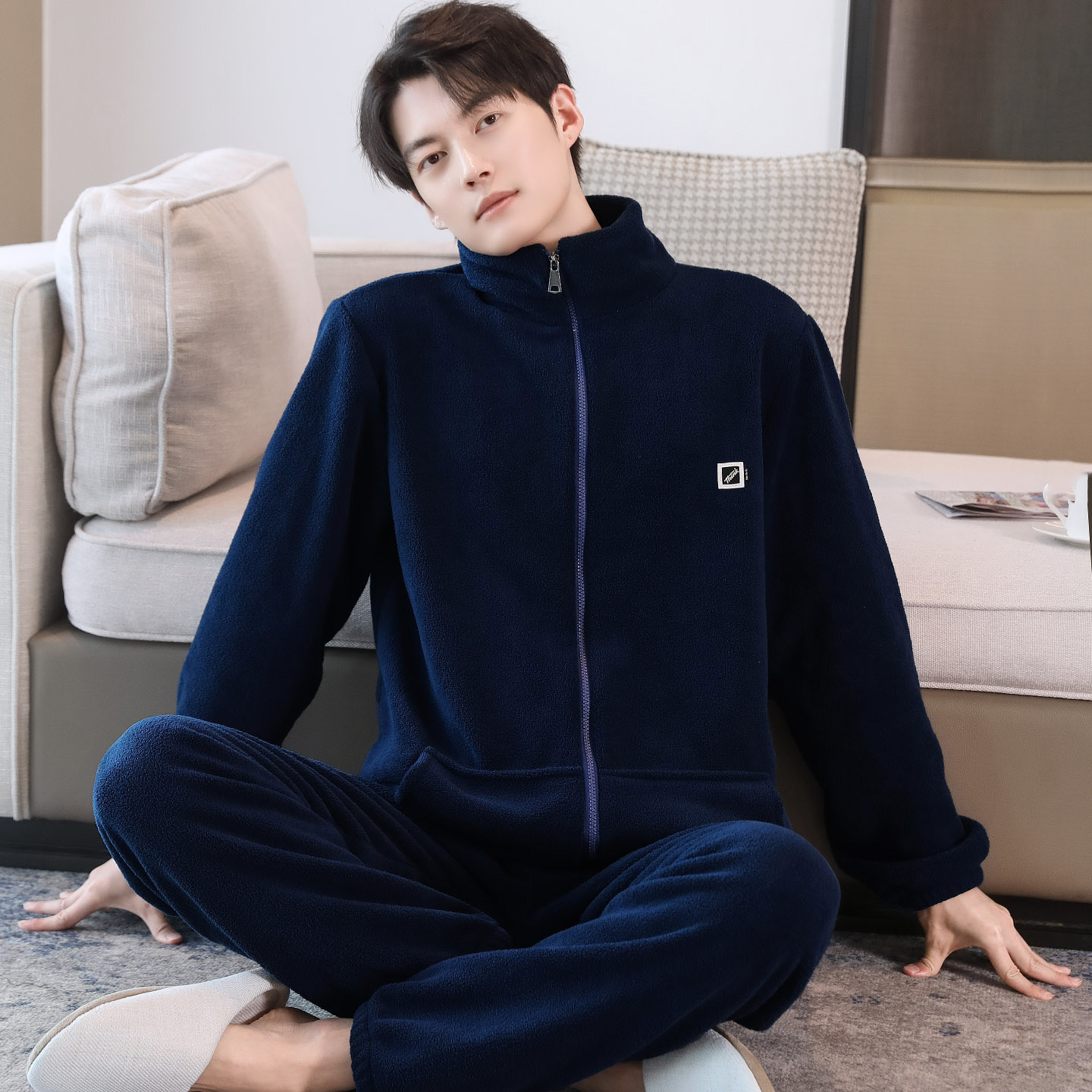 加厚加绒睡衣男士秋冬拉链颗粒绒